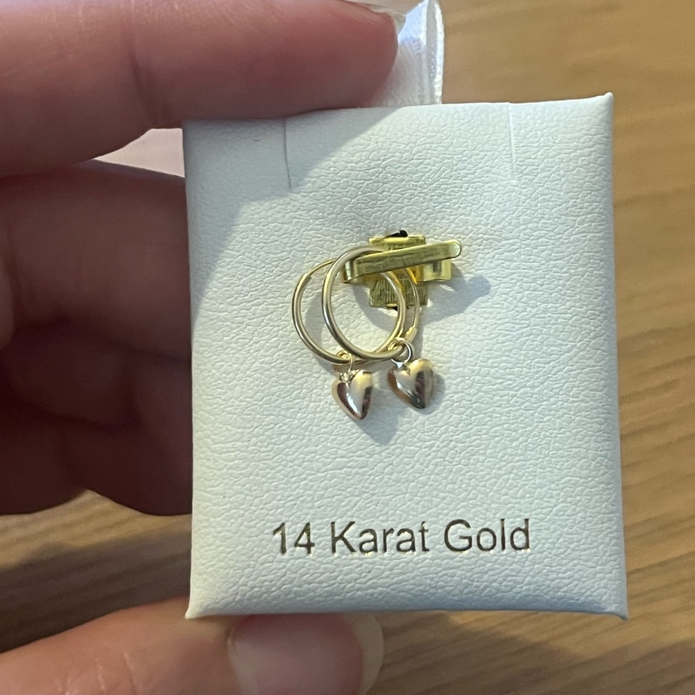 14k solid gold endless hoop earrings with heart charm